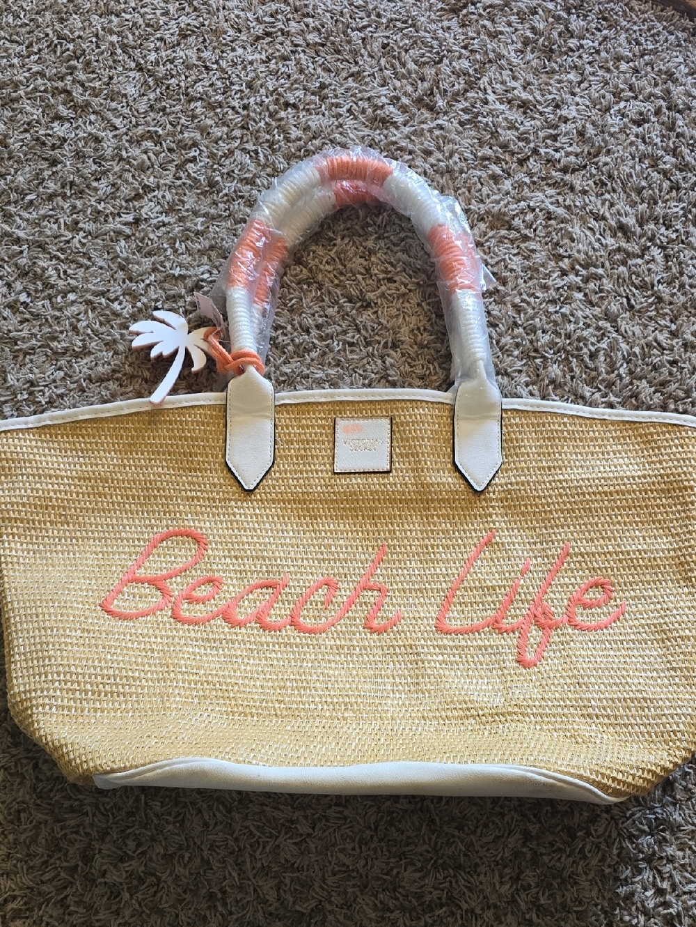 Victoria's Secret Natural Straw Tote with Coral Script